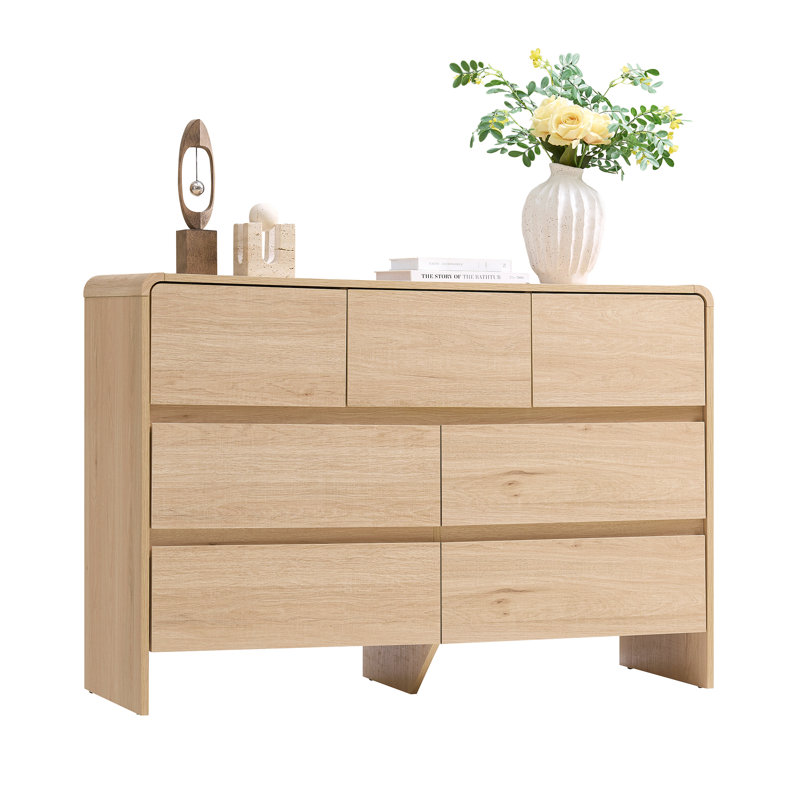 Commode moderne à 7 tiroirs avec coins courbés et conception à devant affleurant, armoire de rangement minimaliste pour chambre à coucher ou salon