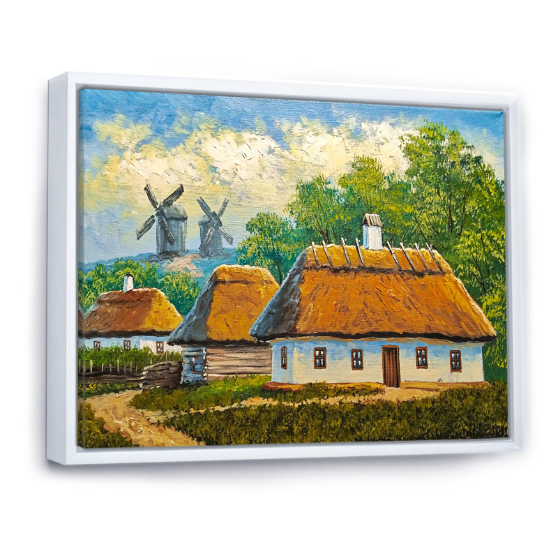 Vieux village rustique, paysage, art mural traditionnel, H 8 po x l 12 po x P 1 po, Cadre flottant blanc