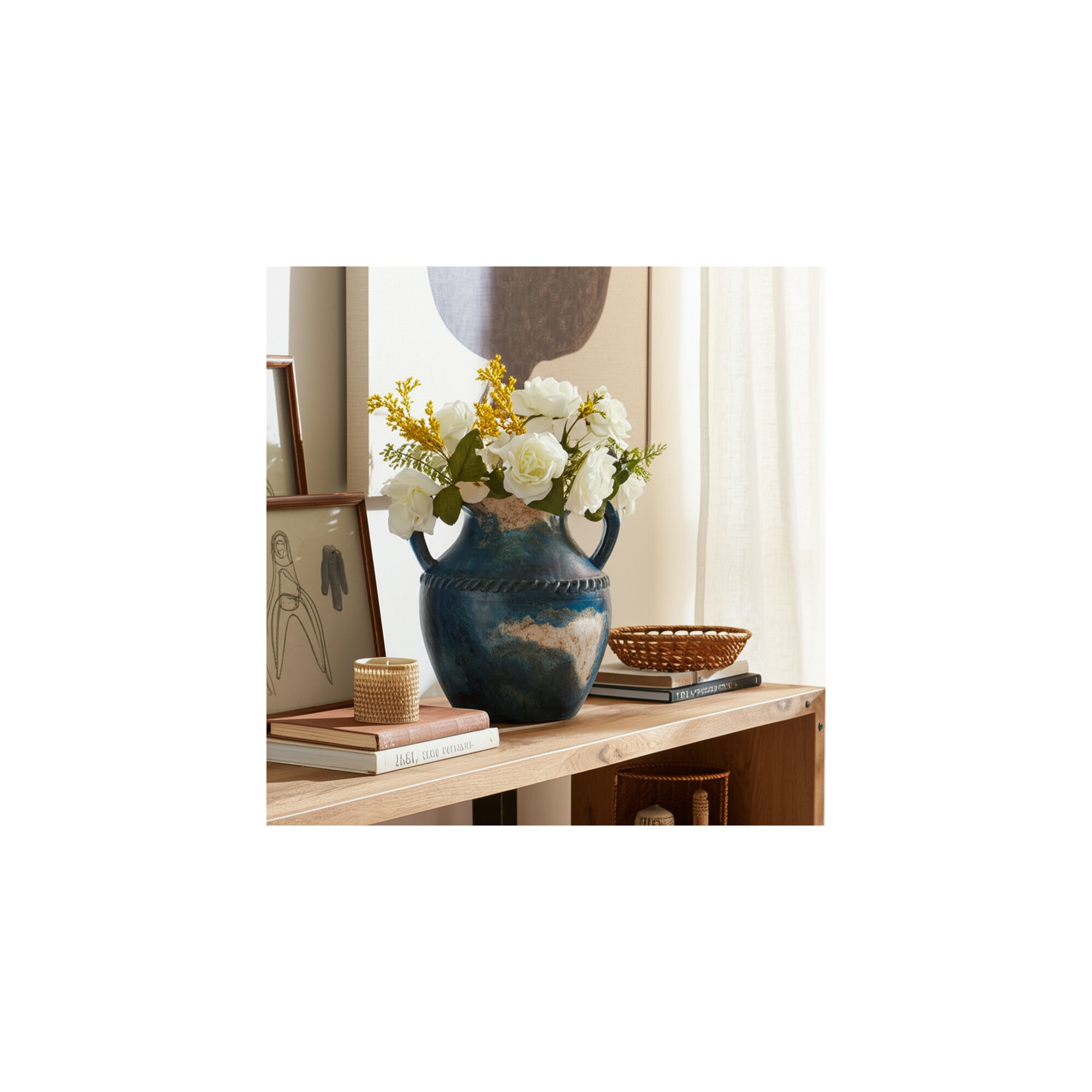 Tenney Terracotta Table Vase, Blue/Beige, 10" H x 9" W x 9" D