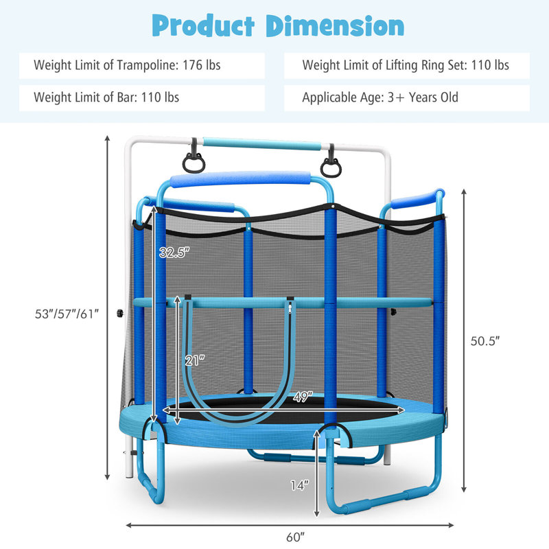Gymax Round Backyard Trampoline with Safety Enclosure, Blue