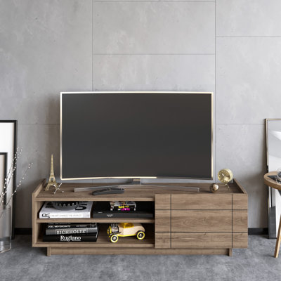 Meuble télé 55,1 po x 16,3 po x 14,6 po Modern | 100% panneau de particules enduit de mélamine, épaisseur: 0,7 pouce | Plusieurs tablettes, conception à fixation murale | Finition brune élégante pour le salon et les espaces de divertissement