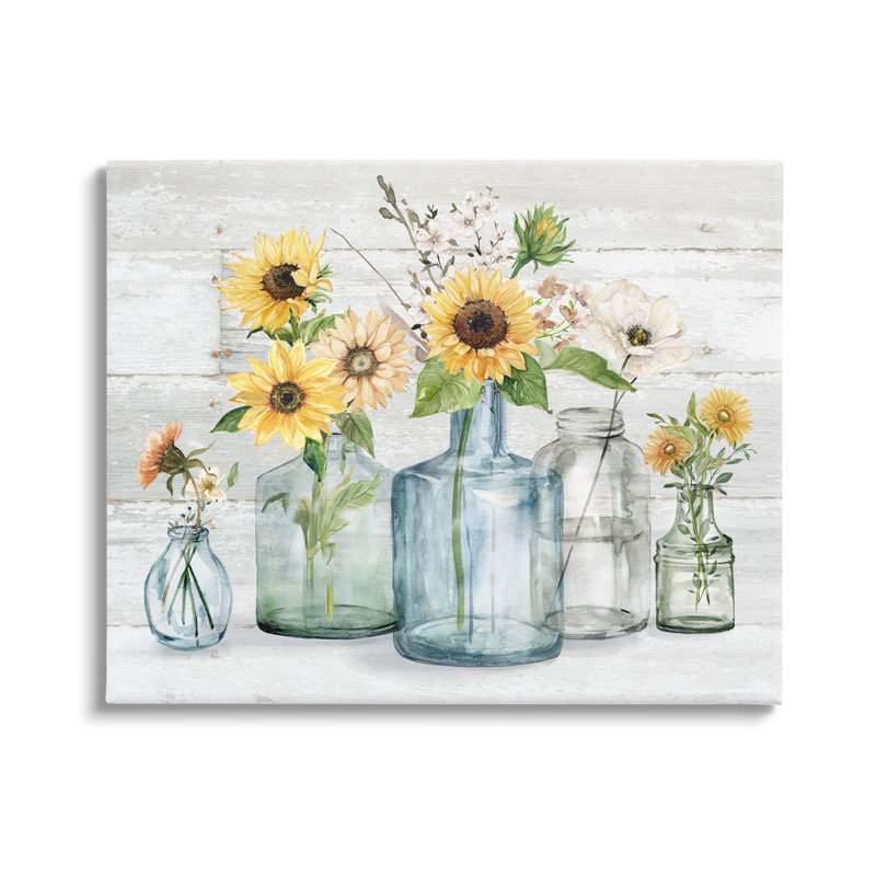 «Varied Country Flower Blooms Rustic Planked» par Carol Robinson - impression sur toile, H 30 po x l 40 po x P 1,5 po