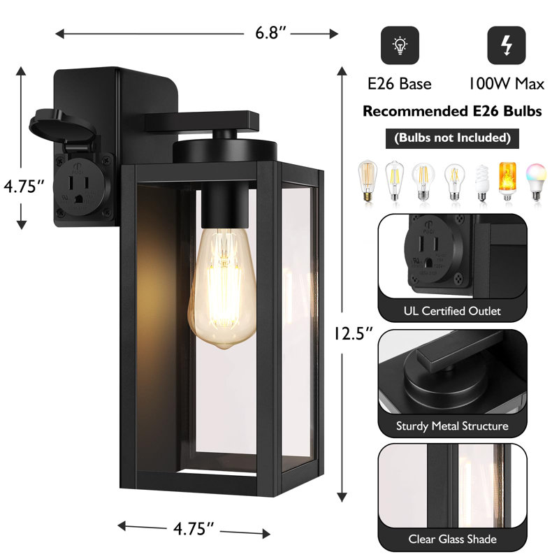 2Pack Porch Lights Outdoor With UL Certified Outlet Modern Outdoor Wall Lights Exterior Lighting Fixtures Waterproof, Black