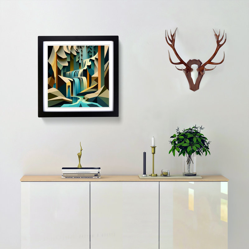 Waterfall Cubism - Single Picture Frame Print on Wood, Black