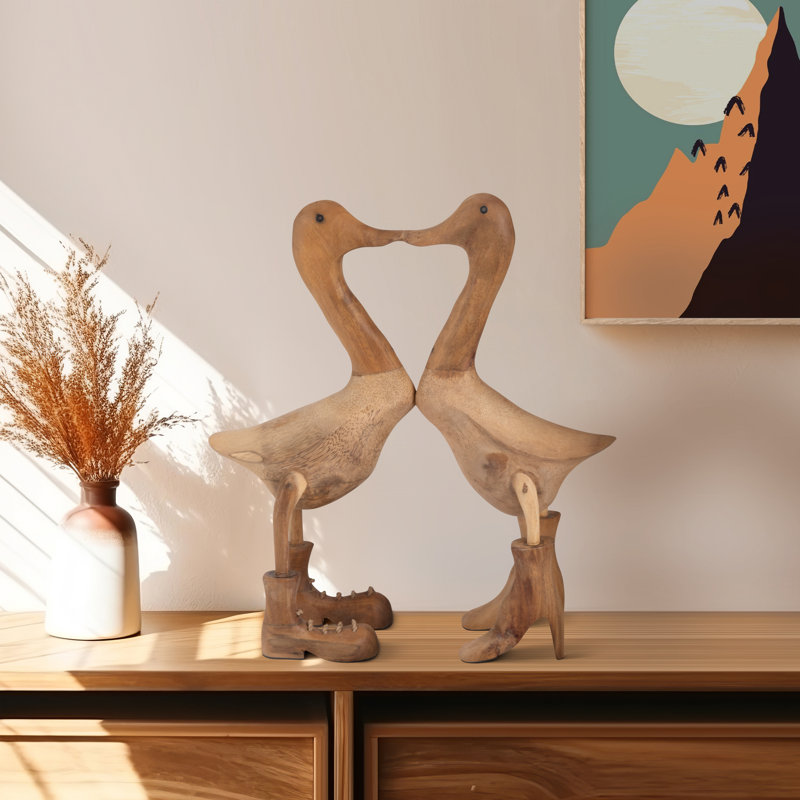 Duck Figurines Bamboo Wood Boho Style with Rope-Laced Boots Decorative Accent for Home Office Bedroom or Living Room Display Set of 2 - 18" Brown