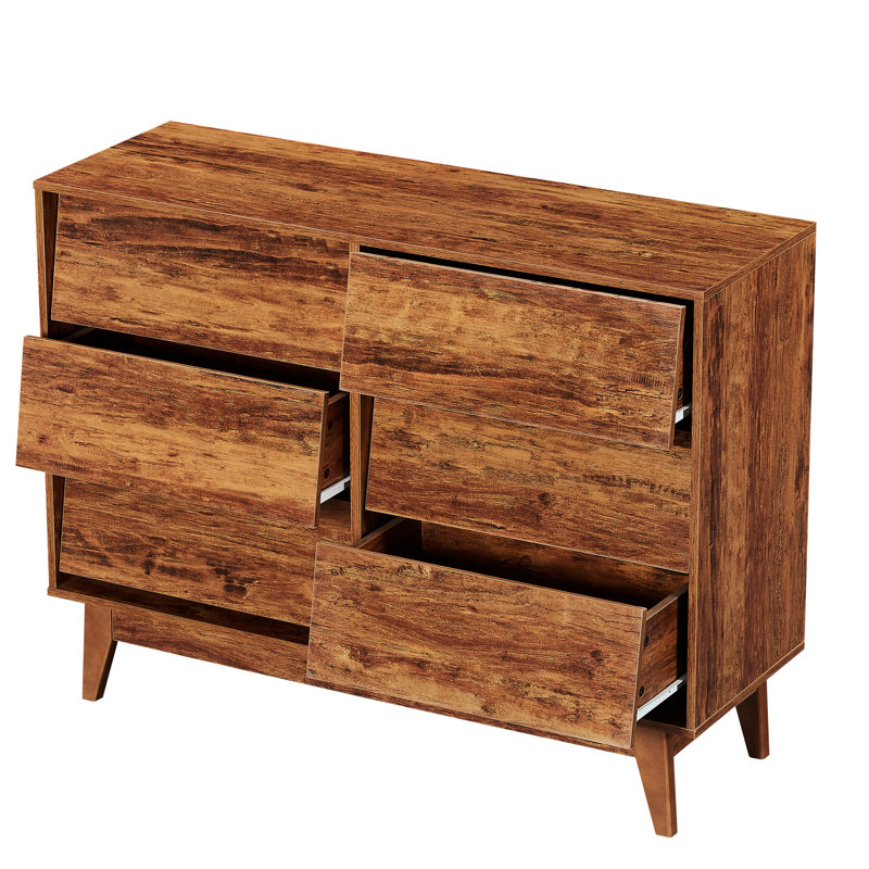 Commode double 6 tiroirs avec design biseauté et rétro, brun, l 47,3 po x P 13,5 po, convenant pour le rangement - style pouces de large, commode de salon