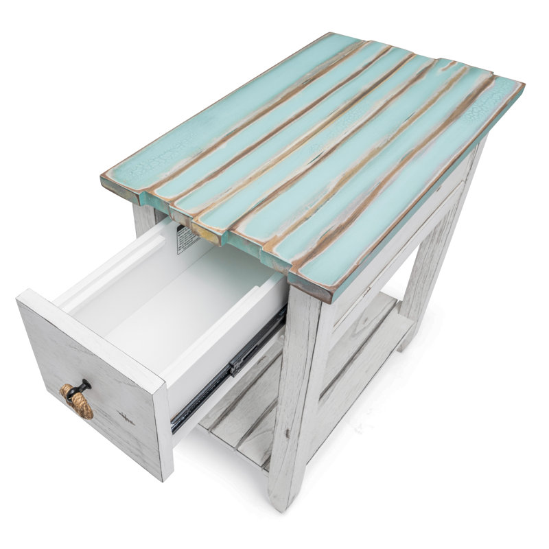 Delaplaine Coastal Solid Wood End Table with Storage, Blue/White