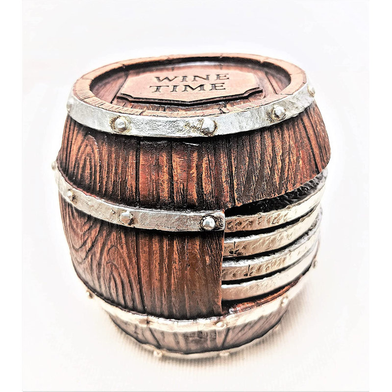 Polyresin Rustic Western Barrel Coaster Set with Holder Decorative Old West Drinkware Protection