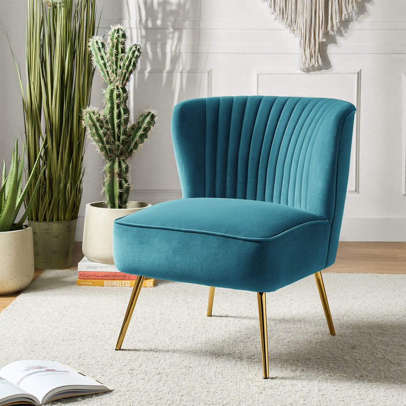 Leona Velvet Accent Chair with Metal Legs, Velours bleu
