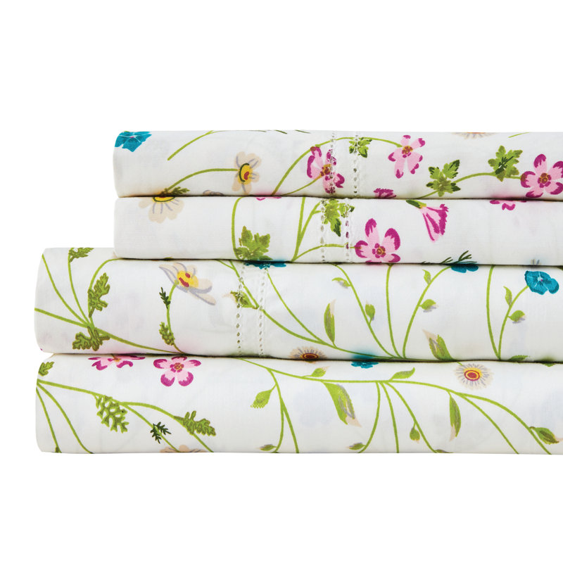 Bergina Wildflower 400 Thread Count Floral 100% Cotton Sheet Set, Twin Sheet Set with 2 Pillowcases