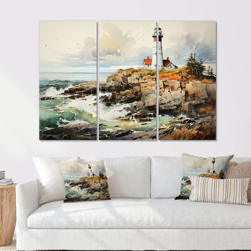 Coastal Light House Minimal Landscape I - Ensemble de décorations murales Beach Light House, Toile tendue, H 32 po x l 48 po