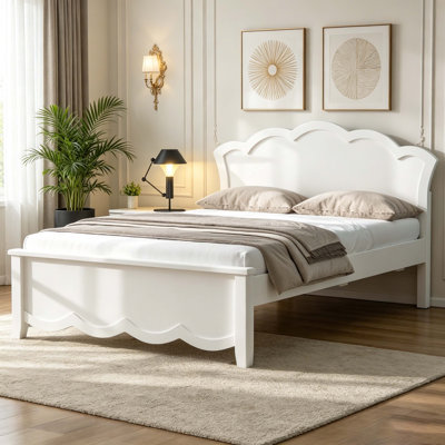 Twin Size Wood Platform Bed with Scalloped Headboard, White Solid Wood Bed Frame, 400lbs Capacity, No Box Spring Needed for Kids/Adults
