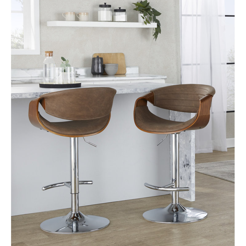 Lakyia Adjustable Faux Leather Bar Stool with Rounded T Footrest (Set of 2), Chrome, Espresso