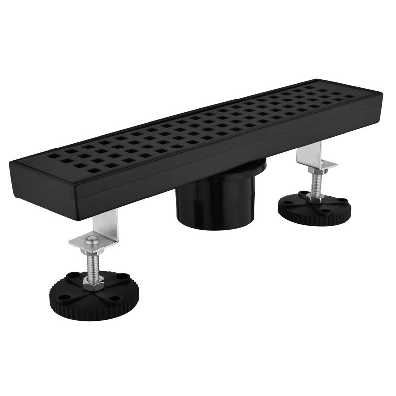 12 Inches Linear Shower Drain With Removable Quadrato Pattern Grate, 304 Stainless Shower Drain Included Hair Strainer And Leveling Feet, Flange