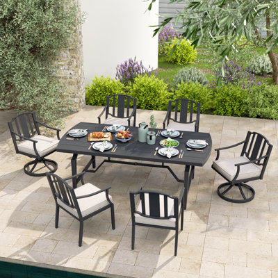 Patio 82.75"L Rectangular Aluminum Dining Set With Umbrella Hole And Sunbrella Cushions