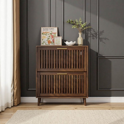 Armoire de rangement pour chaussures W1706 en noyer avec 2 tiroirs rabattables