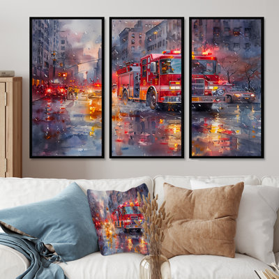 Red Fire Truck In New York I - Fireman Wall Art Set