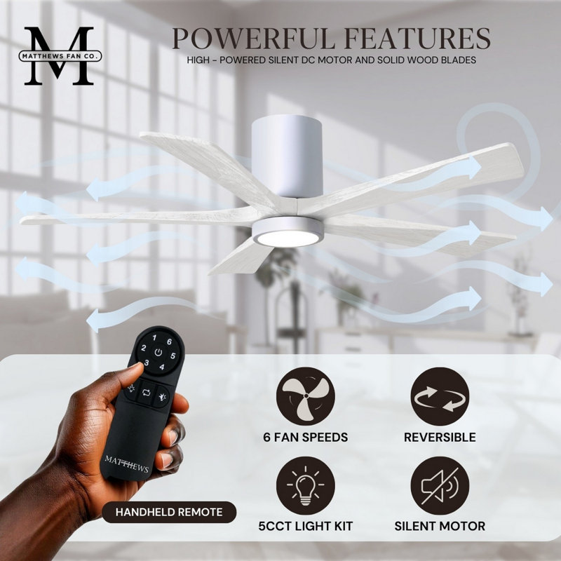Irene Flushmount Light Kit 5 Blade LED Ceiling Fan, Gloss White, 52", Matte White