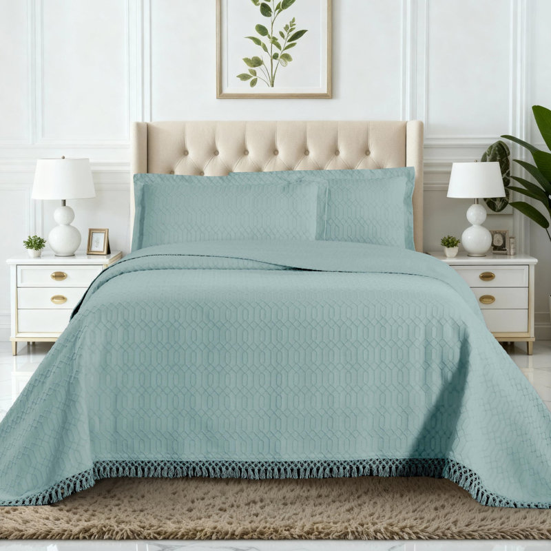 The Blue Nile Mills Geometric Fringe Cotton Blend Jacquard Bedspread And Pillow Sham Set, Aqua