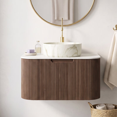 24" Plywood Wall Mounted Bathroom Vanity, Dark Walnut, Curved Edge Striped Design with Waterproof Moisture-Proof Storage Drawer, Pre-Assembled