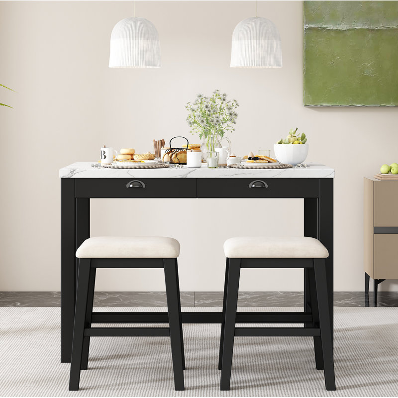 Modern Bar Dining Table Set With Storage Drawers And Padded Stools, Black