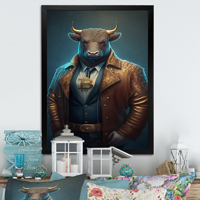 «Heidiann Fancy Bitcoin Bull with Bitcoin Chain II», reproduction sur toile, Impression noire sur toile encadrée