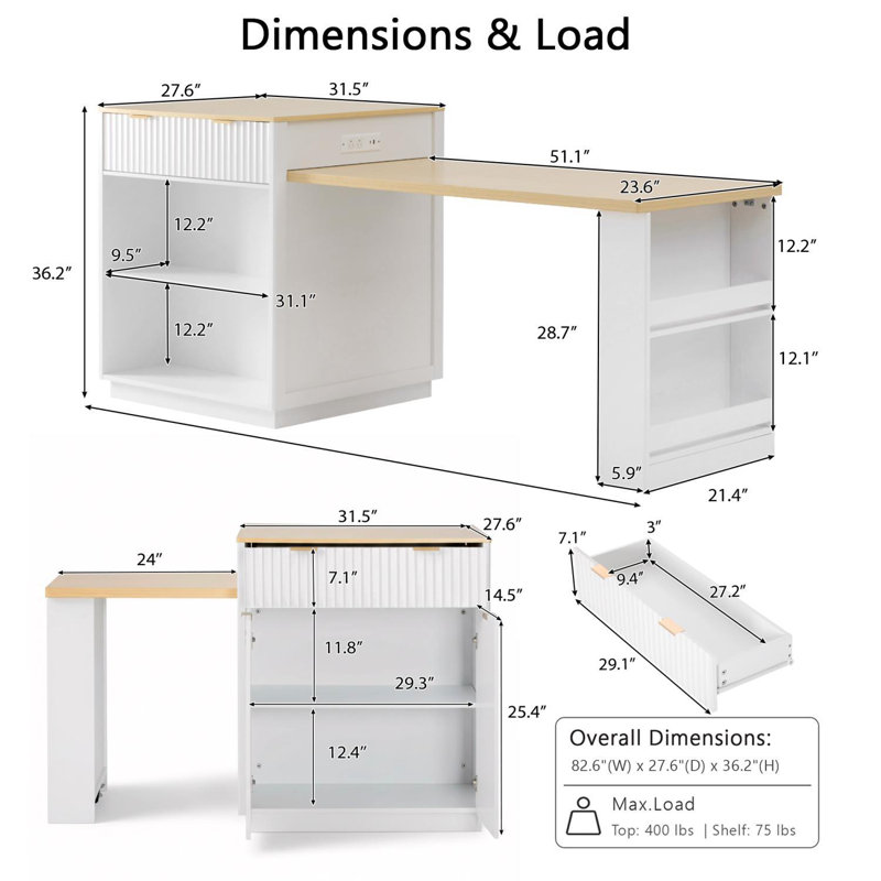 Îlot de cuisine cannelé 82,6 po avec table de salle à manger extensible pour 4-6, rangement double face et prise de courant