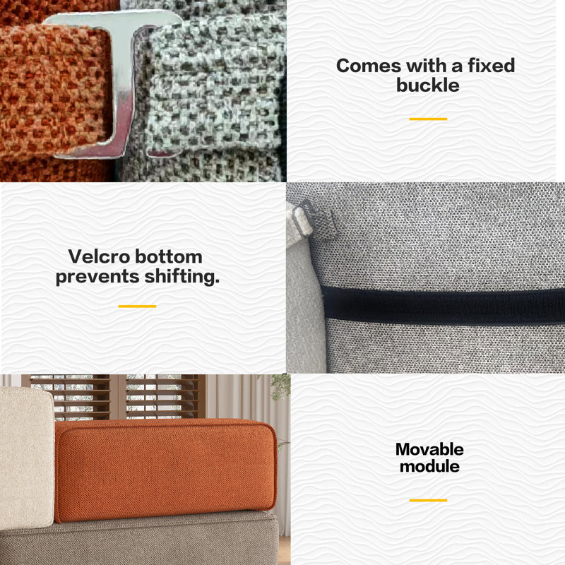 Velvet and Linen Blend Modular Sofa, 200cm Wide with Adjustable Arm Pads in Grey & Orange Fast Dispatch From UK Warehouse – Dispatched Within 2 Days