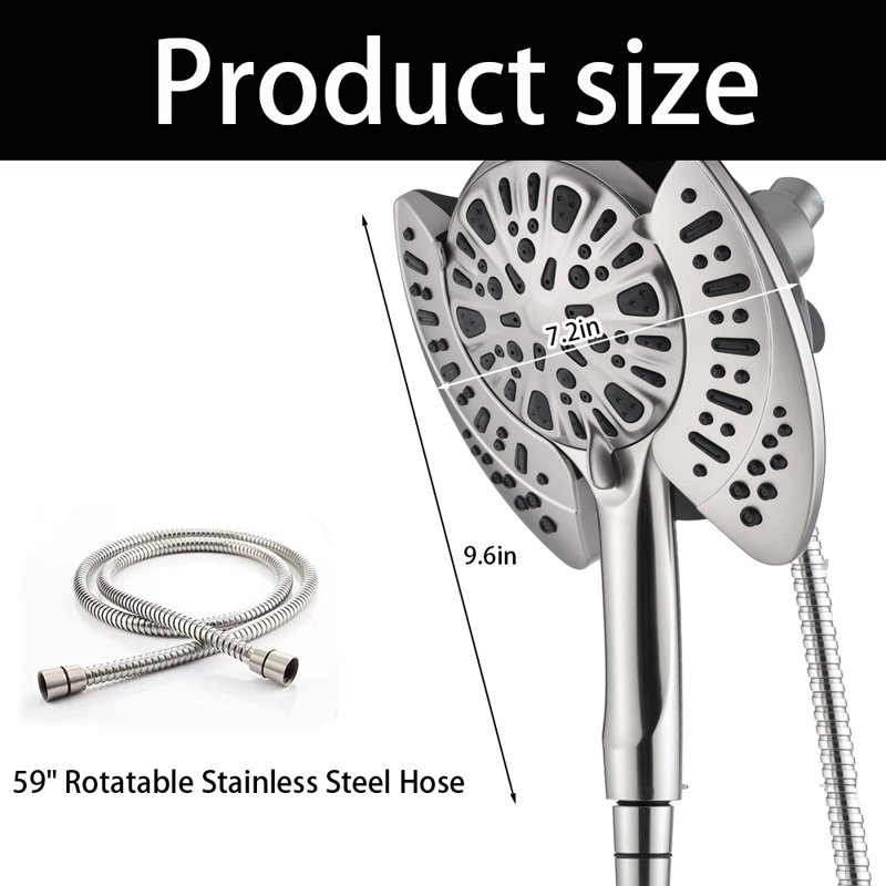 2-In-1 Shower Head With Handheld Combo, 2.5GPM Rainfall, 9 Spray Settings Hand Held Shower, With Hose, Nickel