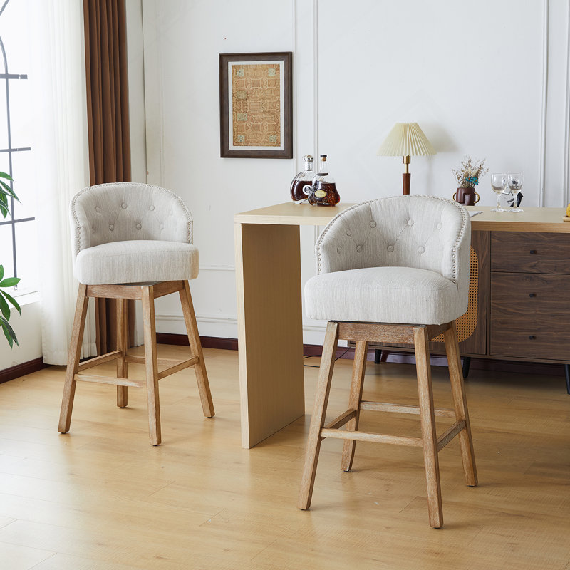Ensemble de 2 tabourets de comptoir pivotants de 33,25 po, avec tabourets de bar rembourrés à hauteur de comptoir avec structure en bois d'hévéa massif, dossier, repose-pieds, tabourets de bar sans accoudoir pour bar personnel, comptoir de cuisine, naturel et beige