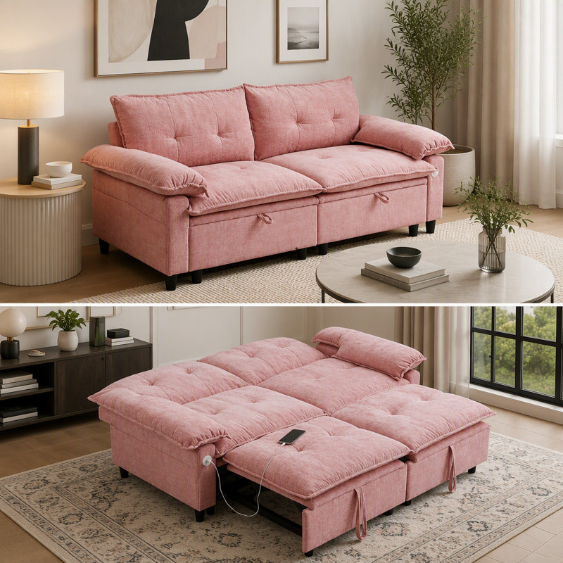 Canapé-lit convertible 73 po en velours rose avec matelas coulissant