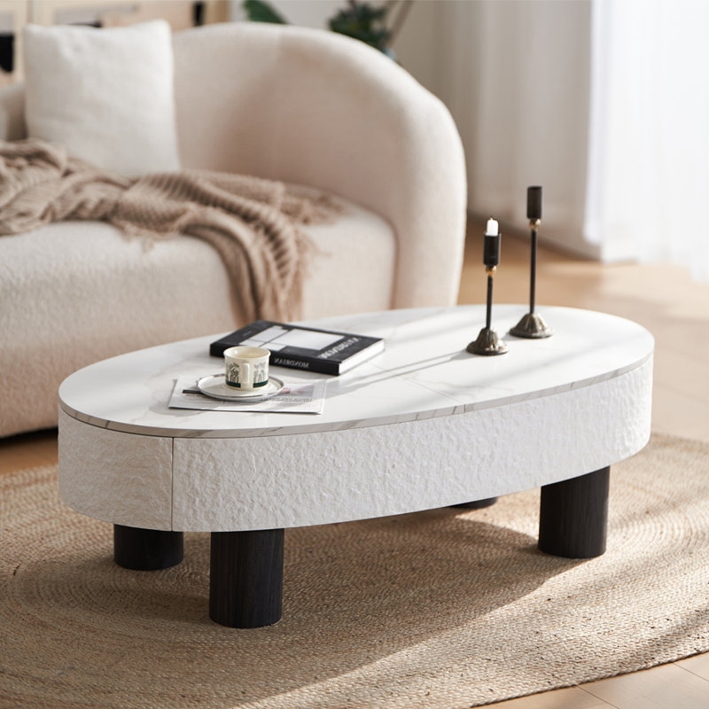 Table basse ovale avec plateau en faux marbre, table basse moderne avec tiroir caché et espace de rangement, table basse