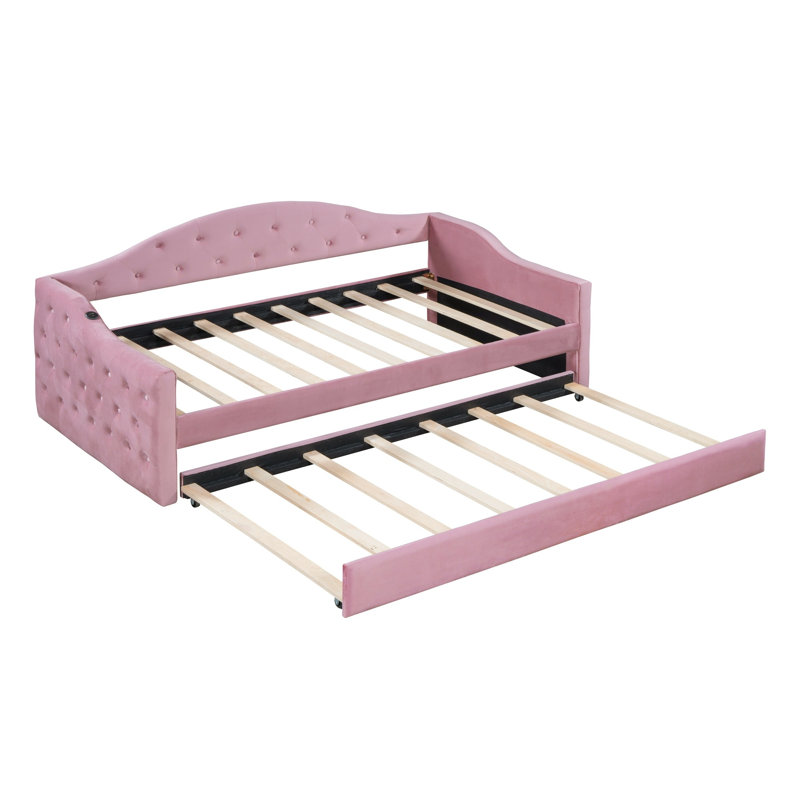 Twin Size Velvet Upholstered Daybed with Trundle, Tufted Sofa Bed with USB & Type-C Ports, No Box Spring Needed, Pink, Pink