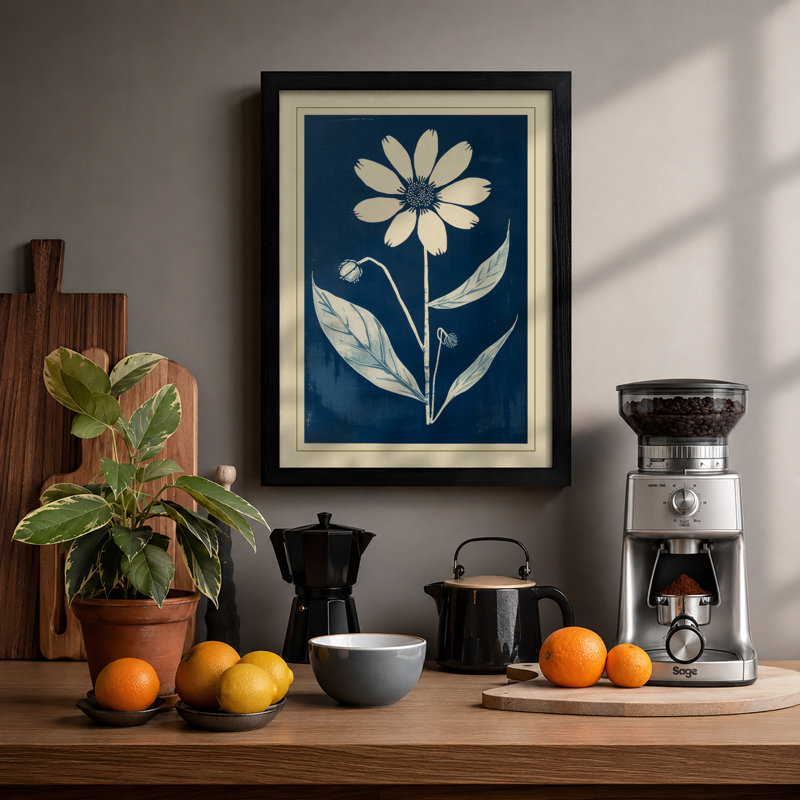 Pale Bloom On Navy Botanical - Print, A2 - 59.4 x 42.0 cm, Black
