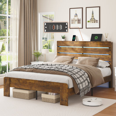 Full Bed Frame with Headboard and Footboard, with Under Bed Storage, LED Lights, Charging Station,1200lbs CapacityAll-Metal Support System, No Box Spring Needed, Easy Assembly,Rustic Brow