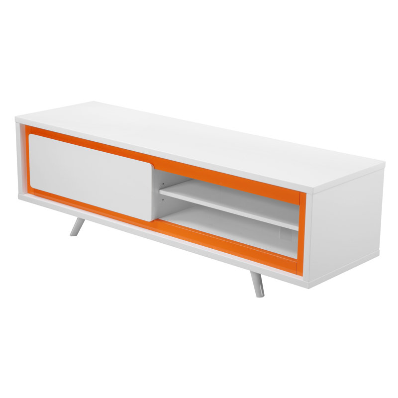 Meuble télé 59 po avec tiroir, tablettes ouvertes et gestion des câbles 59 po - Disponible en blanc / orange, blanc / vert et blanc / noir