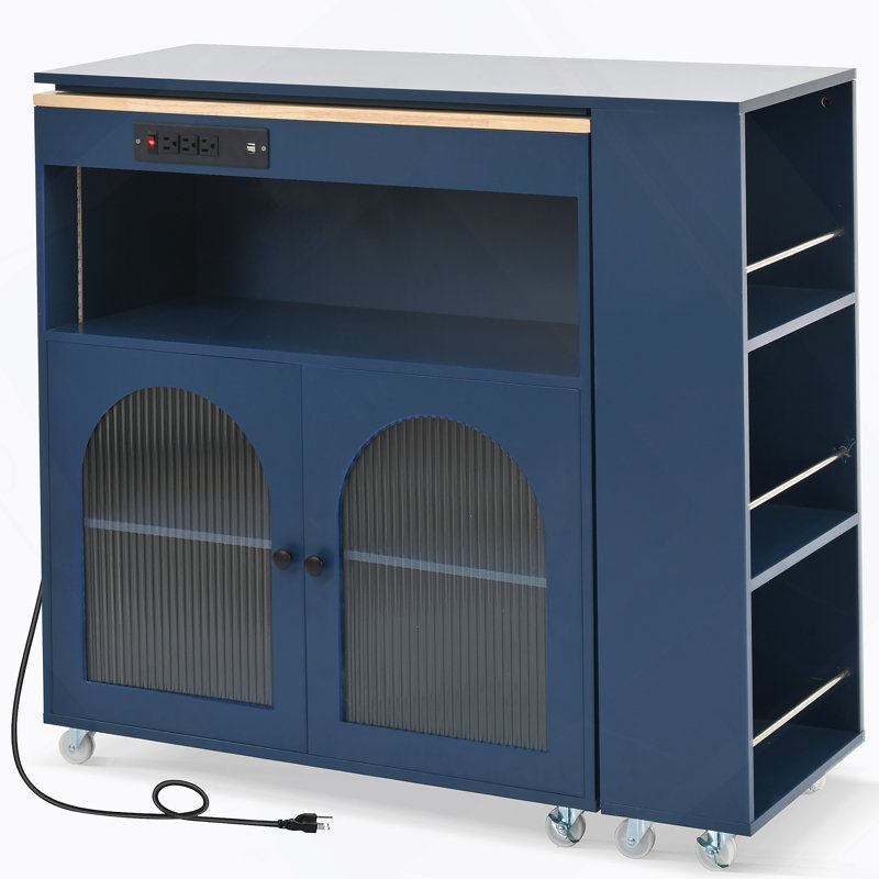 Kitchen Island On Wheels With LED Lights,Power Outlets And 2 Fluted Glass Doors, Blue
