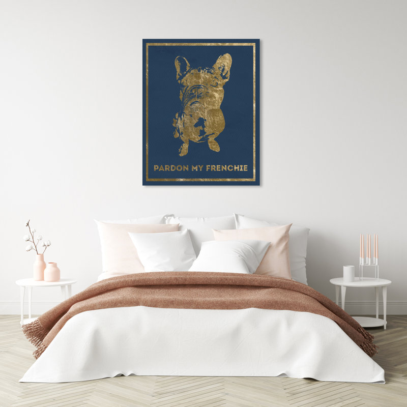 Pardon My Frenchie, élégant bouledogue français moderne, or - peinture, H 36 po x l 30 po, Toile tendue