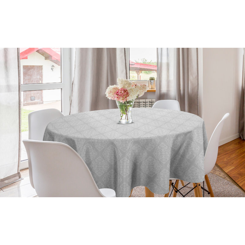 Ambesonne Retro Round Tablecloth, Oriental Ethnic Vintage Curlicue Floral Ornament Neutral Tones Greyscale, Circle Table Cloth Cover For Dining Room Kitchen Decoration, 60", Pale Grey And White