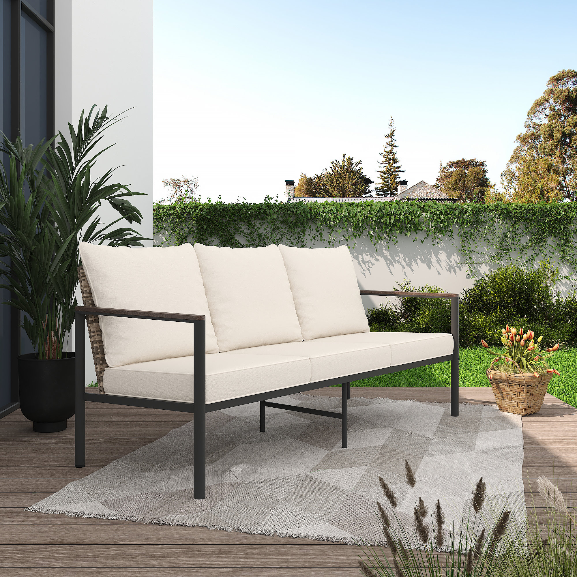 Ebern Designs Outdoor Aluminum Frame Wicker 3 Seat Sofa With Cushions ...