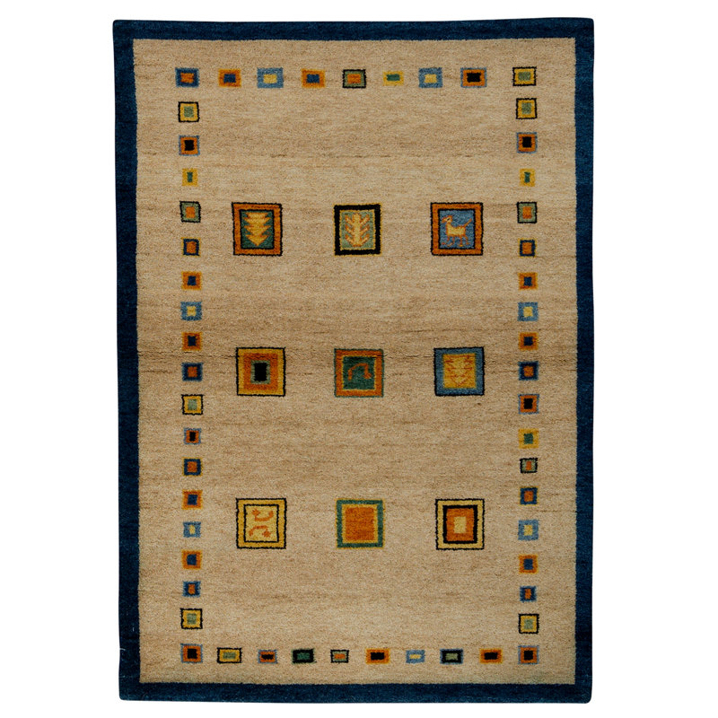 Tapis chameau et bleu noué à la main de haute qualité