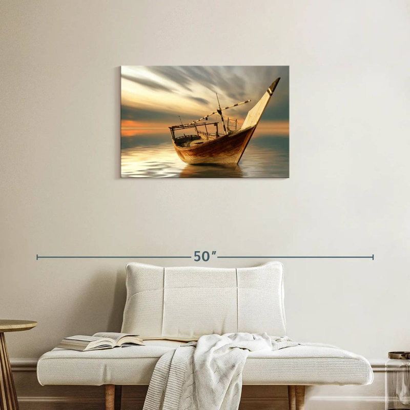 Bateau Mehar au coucher du soleil, H 20 po x l 30 po