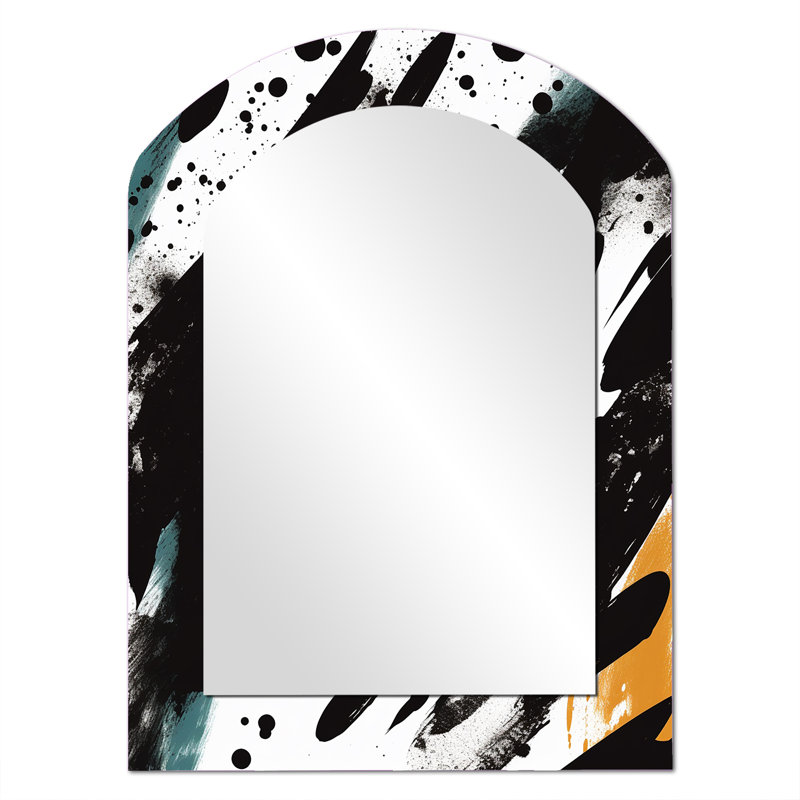 «Black and White Abstract collages enchantment» - miroir en arc abstrait, miroir mural noir asymétrique unique, impression d'art en métal