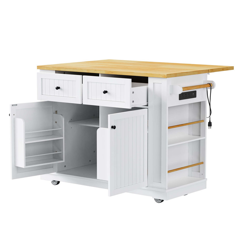 48Inch Kitchen Island With 2 Bar Stools, Power Outlet, Door Internal Storage Rack, Kitchen Storage Cart On 5 Wheels With Drop Leaf, 5 Side Racks, 2 Drawers