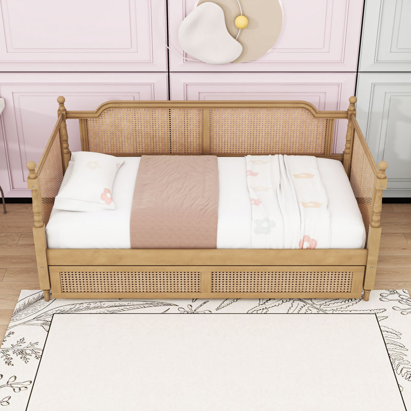  Wooden Daybed with Headboard and Drawer, Twin, Antique Walnut