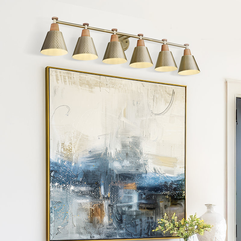 6 - Light Dimmable Industrial Vintage Vanity Light With Metal Shade, Brass, Gold