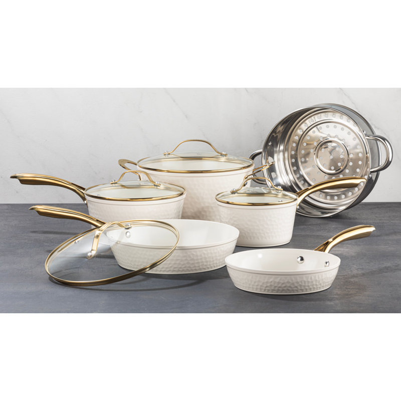 Gotham Steel 10 Piece Hammered Nonstick Ceramic Cookware Set, Cream