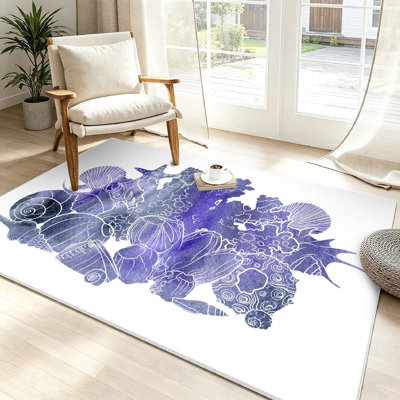 Tapis bleu aquarelle bleu à motif de coquillages dessinés à la mer