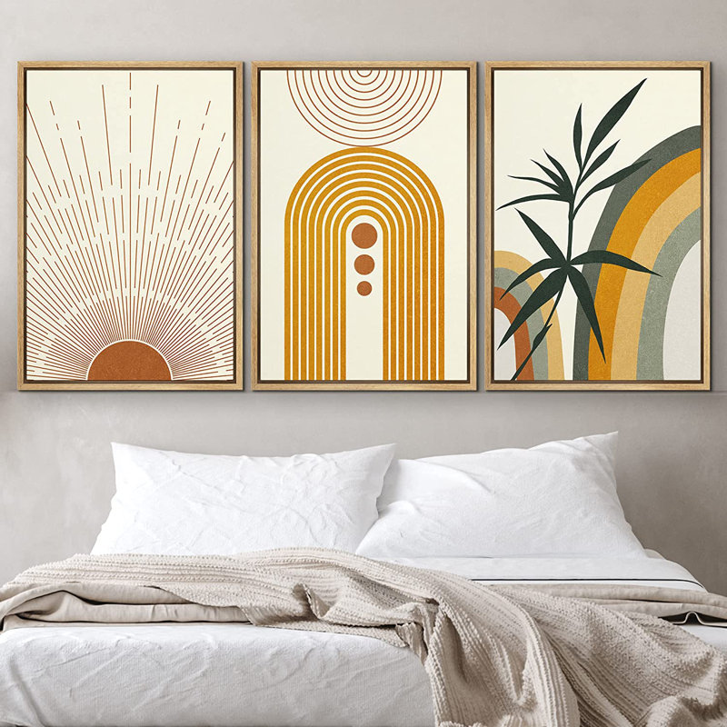«Mid Century Modern Boho Geometric Sun Forest Plant Abstract», ensemble de 3 impressions sur toile, Naturel