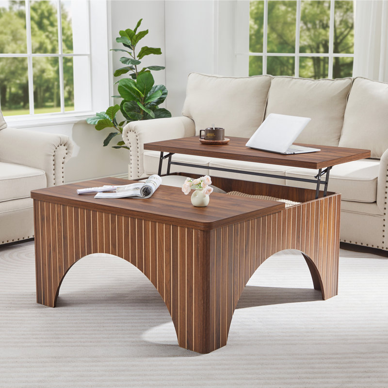 Table basse à plateau relevable avec rangement, Noyer